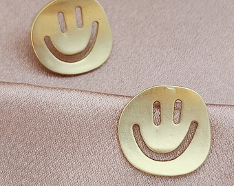 Happy Face Stud Earrings, Gold Filled Earrings, Cute Statement Earrings, Funny Smile Face, Minimalist, Dainty, Any Look, Holiday Gift