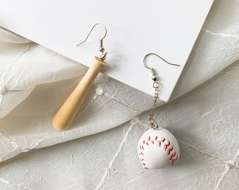 Baseball and Bat Dangle Earrings, Faux Leather Baseball, Sports Game Earrings, Asymmetric Earrings, Baseball Catching Jewelry
