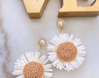 Boho Overstate Woven Sunflower Dangle Earrings, Faux Pearl Stud Earrings, Lightweight, Flower Earrings, Boho Dress, Wedding