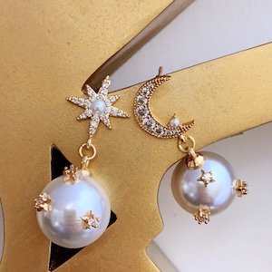 Dainty Faux Pearl Dangle Earrings With Rhinestone Moon and