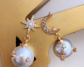 Dainty Faux Pearl Dangle Earrings with Rhinestone Moon and Star Stud, Fancy Tiny Gold Stars on the Pearl Ball, Asymmetric Stud, Holiday