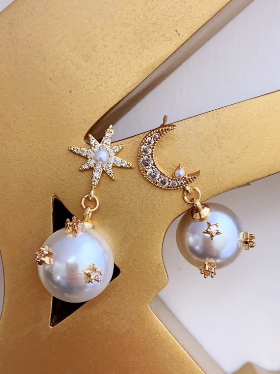 Tennis Racquet Bag Sterling Silver Moon & Star Dangle Earrings - Asymmetrical Tassel Drop Studs In Silver/Rose Gold 14k Gold Plated Cherry Earrings For Women - Foto 4