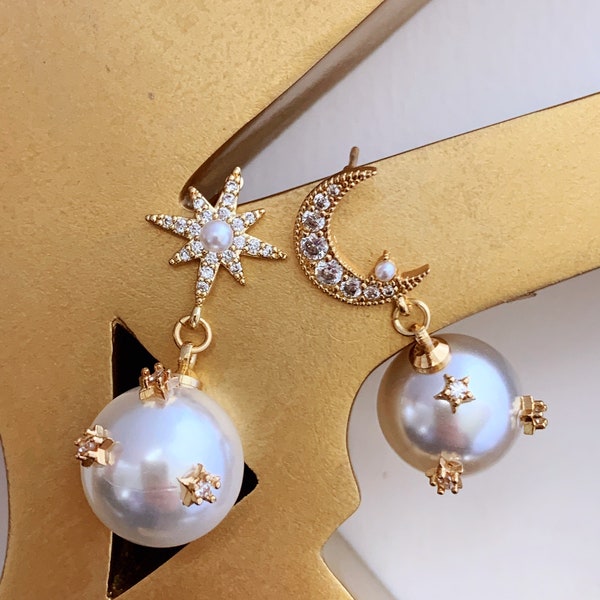 Dainty Faux Pearl Dangle Earrings with Rhinestone Moon and Star Stud, Fancy Tiny Gold Stars on the Pearl Ball, Asymmetric Stud, Holiday