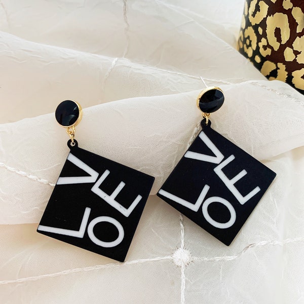 Geometric Love Letter Printed  Dangle Earrings, Originality Stud Earrings, Geometric Black and White Drop, Stylish, Cute Statement