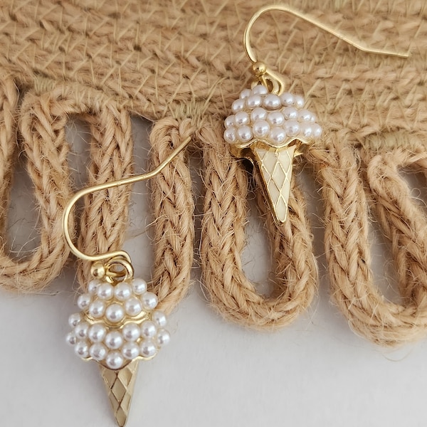 Cute Ice Cream Dangle Drop Earrings,  Dainty Faux Pearl Cream, Funny Champagne Cone, Originality Food Earrings, Baby Shower