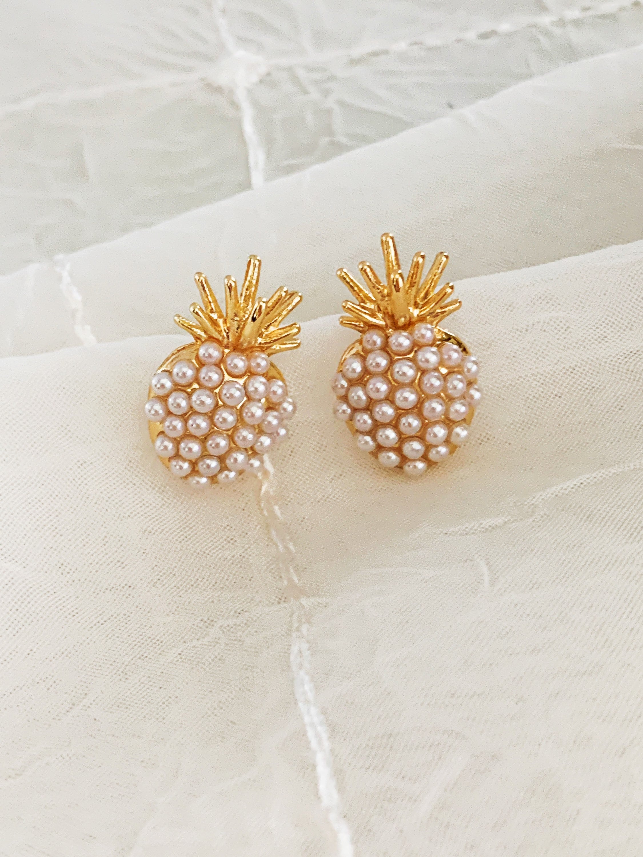 Faux Pearl Pineapple Stud Earrings, Gold Pineapple Stud Earrings, Fruit