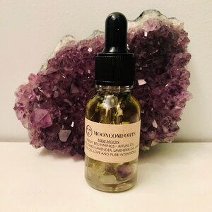 new moon oil, intention oil, new moon, manifesting oil, anointing oil, altar oil, luxury oil, bath ritual, amethyst crystals