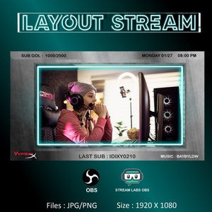 May include: A digital layout stream graphic with the text "LAYOUT STREAM" in a neon-style font. The image features a person wearing a headset, seated in front of a computer monitor. Additional text includes "SUB GOL: 1000/2500" and "MONDAY 01/27 08:00 PM".