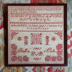 1887 / 1897 P v D Belgian red alphabet reproduction sampler PDF downloadable cross stitch pattern needlework chart