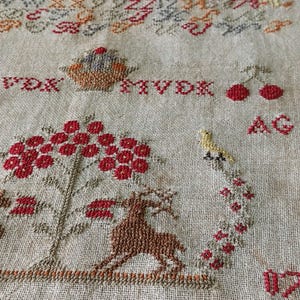 1907 Dutch Red Flowers alphabet reproduction sampler PDF downloadable cross stitch pattern needlework chart
