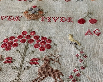Antique Dutch Red Flowers Reproduction Cross Stitch Sampler - PDF Instant Download