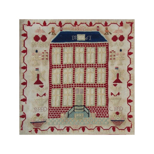 1861 Dutch Red House reproduction sampler PDF downloadable cross stitch pattern needlework chart
