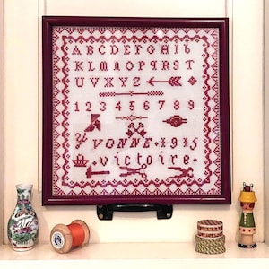 1915 Yvonne Victoire French red alphabet reproduction sampler PDF downloadable cross stitch pattern needlework chart