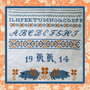 1914 German two pigs blue & orange marking sampler signed &#39;K K&#39; reproduction sampler PDF downloadable cross stitch pattern needlework chart