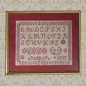 1892 M L French red alphabet reproduction sampler PDF downloadable cross stitch pattern needlework chart