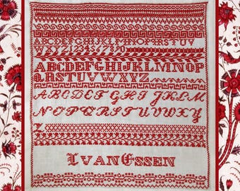 Red Alphabet Sampler Cross Stitch Pattern, L. van Essen Antique Dutch Needlework (PDF Pattern)