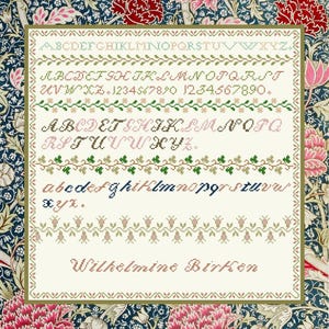 Circa 1850 Wilhelmine Birken German reproduction sampler PDF downloadable cross stitch pattern needlework chart
