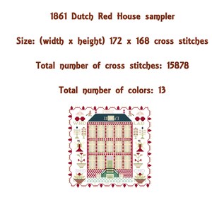 May include: A cross stitch sampler depicting a red brick house with a green roof and white trim. The house has 1861 stitched above the door. The sampler is surrounded by a border of flowers and birds. The text "1861 Dutch Red House sampler" is above the image. The text "Size: (width x height) 172 x 168 cross stitches" is below the image. The text "Total number of cross stitches: 15878" is below the size text. The text "Total number of colors: 13" is below the total number of cross stitches text.