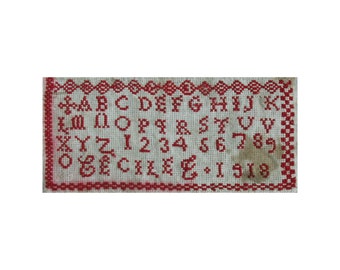 1918 Cécile T Muestra de reproducción del alfabeto rojo francés PDF descargable tabla de costura de patrón de punto de cruz