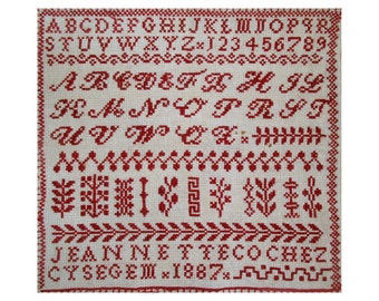 1887 Jeannette Cochez Belgian red alphabet reproduction sampler PDF downloadable cross stitch pattern needlework chart