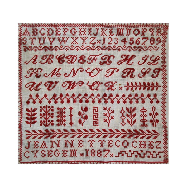 1887 Jeannette Cochez belge rouge alphabet reproduction sampler PDF téléchargeable point de croix grille broderie