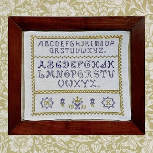 1911 Austrian alphabet marking reproduction sampler signed M K olive green grey blue PDF downloadable cross stitch pattern needlework chart
