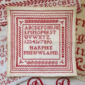 Circa 1900 Harmke Nieuwland Dutch Frisian red alphabet reproduction sampler PDF downloadable cross stitch pattern needlework chart