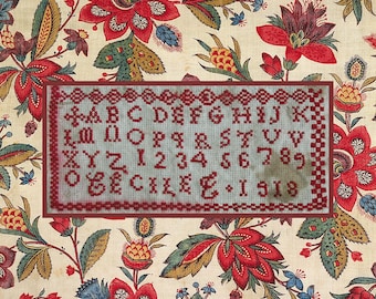 1918 French Redwork Cross Stitch Sampler Pattern Cécile T - Reproduction Chart (PDF Download)