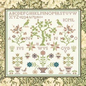 1841 Dutch Fruit Tree & Flowers reproduction sampler PDF downloadable cross stitch pattern needlework chart