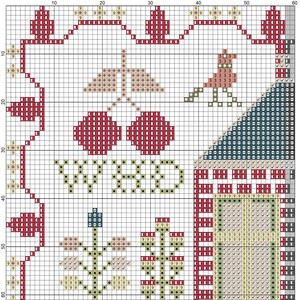 May include: Cross stitch pattern featuring a red and white house with a green roof, a red bird, and a red and white heart. The pattern also includes a red and white cherry, a green plant, and the word "HOME" in green.