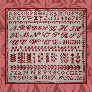 1887 Jeannette Cochez Belgian red alphabet reproduction sampler PDF downloadable cross stitch pattern needlework chart