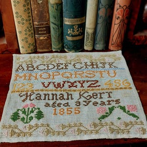 1855 Victorian reproduction sampler Hannah Kerr 9 years old antique sampler PDF downloadable cross stitch pattern needlework chart