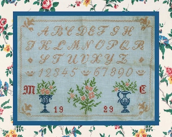 1929 French Alphabet Sampler Cross Stitch Pattern, Blue Vases - PDF Instant Download
