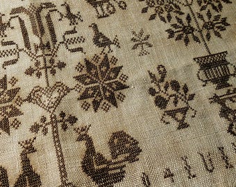 Peut inclure: Un gros plan sur un tissu de lin brun et blanc avec un motif brodé noir. Le motif présente une variété de motifs, notamment des oiseaux, des fleurs et des formes géométriques.