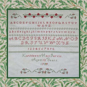 1909 Scottish schoolgirl red green reproduction sampler Kathleen May Jarvis PDF downloadable cross stitch pattern needlework chart