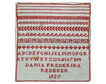 1927 Dania Frederika Redeker Dutch red blue alphabet reproduction sampler PDF downloadable cross stitch pattern needlework chart