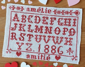 Red Valentine's Day Friendship French Reproduction Sampler - Instant Download Cross Stitch Pattern