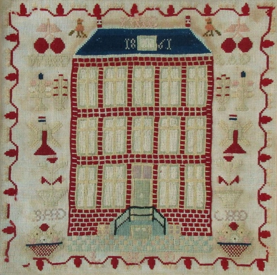 Antique 1861 Dutch Red House Reproduction Cross Stitch Sampler - Downloadable PDF Pattern