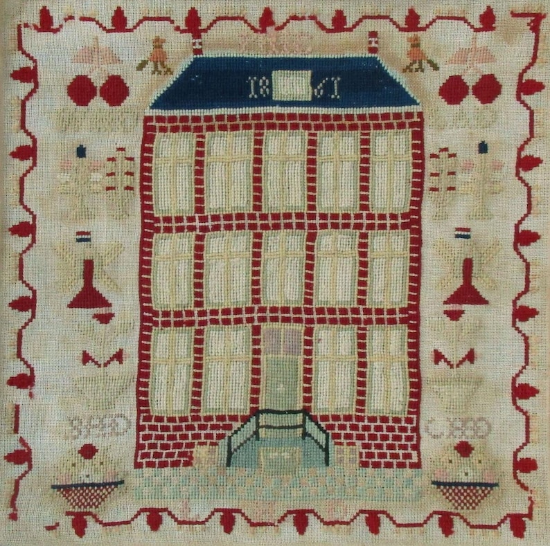 Antique 1861 Dutch Red House Reproduction Cross Stitch Sampler - Downloadable PDF Pattern image 1