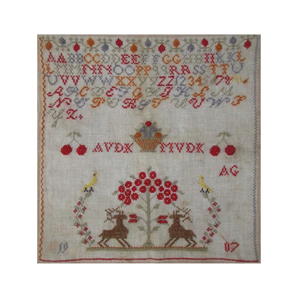 1907 Dutch Red Flowers alphabet reproduction sampler PDF downloadable cross stitch pattern needlework chart