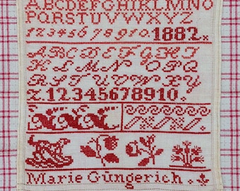 1882 Swiss Redwork Reproduction Sampler Pattern - PDF Downloadable Cross Stitch Chart