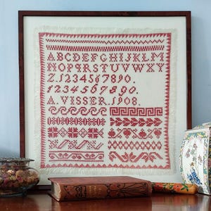 1908 Anna Visser Dutch red alphabet schoolgirl reproduction sampler PDF downloadable cross stitch pattern needlework chart