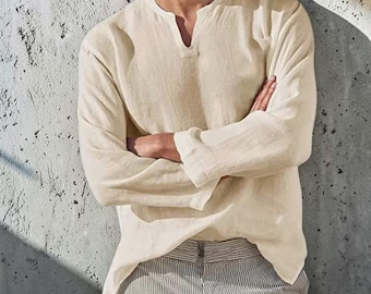 Men’s Cotton Linen V-Neck Shirt Lightweight Breathable Long Sleeve Casual Hawaiian Summer Top