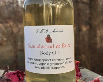 Sandalwood Rose Body Oil: Natural Vegan Skincare, 2oz Glass Bottle
