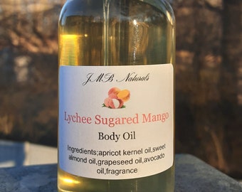 Lychee Sugared Mango Body Oil: Natural Vegan Skincare (2oz glass bottles)