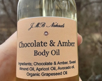 Aceite corporal de chocolate y ámbar: hidratación de lujo para la piel (botella de vidrio de 2 oz/4 oz), regalo de San Valentín