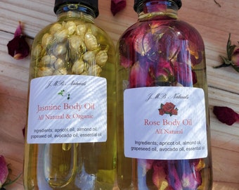 Organic Rose & Jasmine Body Oil Set: Natural Skin Care (4oz glass bottles)