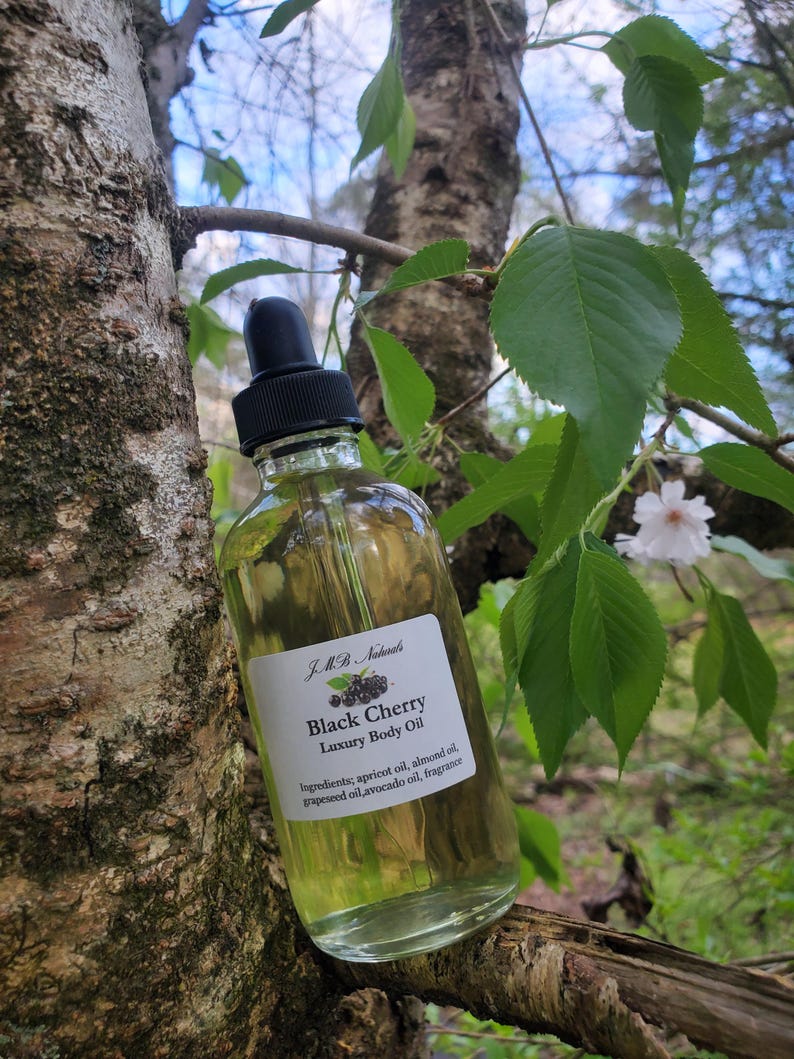 Op de afbeelding: Een heldere glazen fles Black Cherry Luxury Body Oil met een zwarte druppelaar. Het etiket vermeldt ingredi&euml;nten zoals abrikozen- en amandelolie. De fles staat voor een boomstam en takken met groene bladeren.