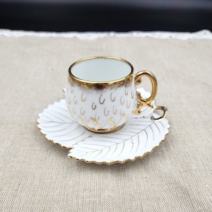 Adorable Vintage 1960s White and Gold Mini Teacup & Saucer Set with Leaf Saucer Pattern - Gold Color Accents/Pattern