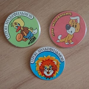 Zeichentrickfilme, Zeichentrickfilme, Tiere, Hund Löwe Ente, Vintage Sammelabzeichen, Zeichentrickfilme, Kinder, 1970er Jahre Made in USSR